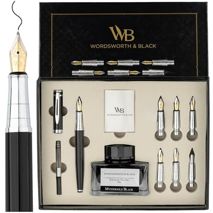 Wordsworth & Black Luxury Calligraphy Pen Set for Writing, 6 Nibs, Black - color: Black Chrome