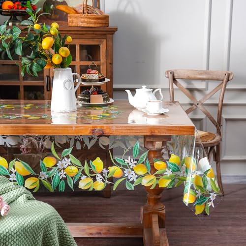 ARTABLE Clear Vinyl Tablecloth Lemon Floral Print Wipeable 60 x 104 Inch - color: Lemon, size: 104" x 55" (Rectangular)