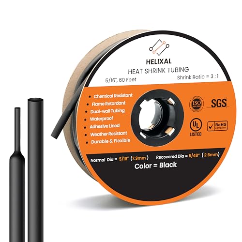 5/16" 8mm HELIXAL 3:1 Heat Shrink Tubing Adhesive Dual Wall 60ft Roll - color: 3:1 - Black - Large, size: 5/16" - 60 Feet