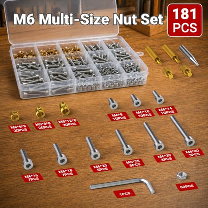 M6 Heat Set Insert Kit 181PCS Threaded Inserts 60W Soldering Iron, Heat Insert Tips, Nuts & Screws, Threaded Insert Installation Tool Set with Stand and Tweezers for 3D Printing - size: M6