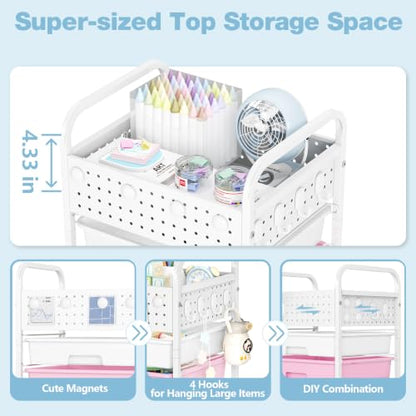 4 Drawer Rolling Storage Cart with Pegboard Top and Hooks, Pink&Blue - color: Pink&Blue, size: 4-Drawers
