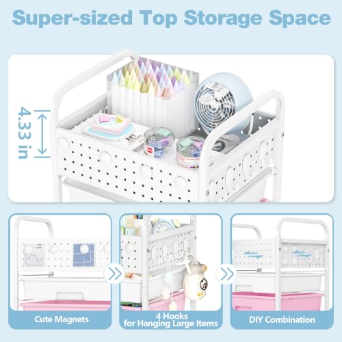 4 Drawer Rolling Storage Cart with Pegboard Top and Hooks, Pink&Blue - color: Pink&Blue, size: 4-Drawers