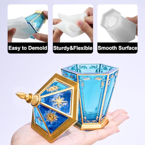 Jar Resin Molds, Retro Hexagonal Jar Silicone Mold with Lid for Epoxy Resin