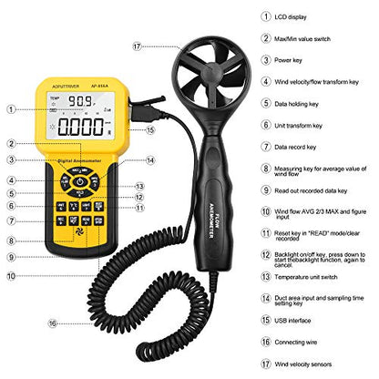 HVAC Anemometer, AOPUTTRIVER 856A CFM Meter Airflow Meter USB Export to PC - color: Warm Yellow