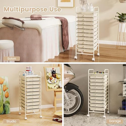 RELAX4LIFE 10 Drawer Rolling Cart - Slim Storage Cart w/Lockable Wheels - color: White, size: 34''H
