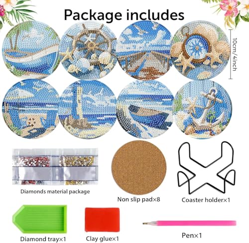 8 Pack Beach Diamond Art Coasters,Seaside Diamond Painting Coasters Kits - color: Beach Coasters-A