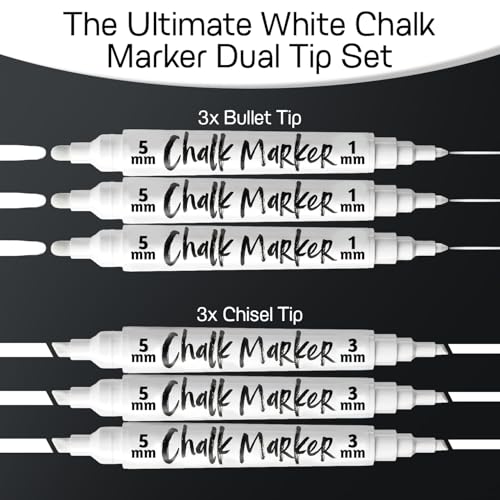 Chalkola 6 White Chalk Markers - Bullet & Chisel Dual Tip (1mm, 3mm, 5mm) - size: 6 White Dual Tip