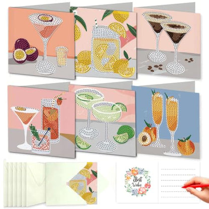 DDGYP 6 Pcs Cocktail Diamond Art Cards with Envelopes,Size 5.9×5.9inch - color: Cocktail