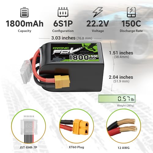 OVONIC 22.2V 150C 1800mAh 6S LiPo Battery, Single Battery Pack, XT60 Connector (1 Battery Pack)