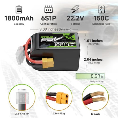 OVONIC 22.2V 150C 1800mAh 6S LiPo Battery, Single Battery Pack, XT60 Connector (1 Battery Pack)