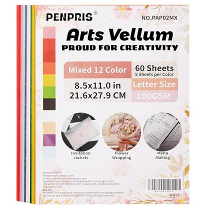 60 Sheets Vellum Paper 12 Colors 100GSM Printable Art Paper 8.5×11in