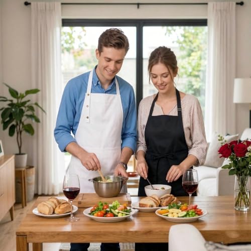 Adjustable Bib Apron Waterdrop Resistant with 2 Pockets Cooking Kitchen Aprons for Women Men Chef - color: Pure Black