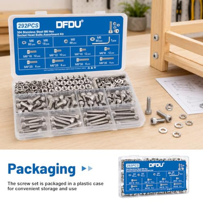 292PCS M6 Hex Socket Head Cap Screw Assortment Kit 304 Stainless Steel - size: SS M6 292PCS