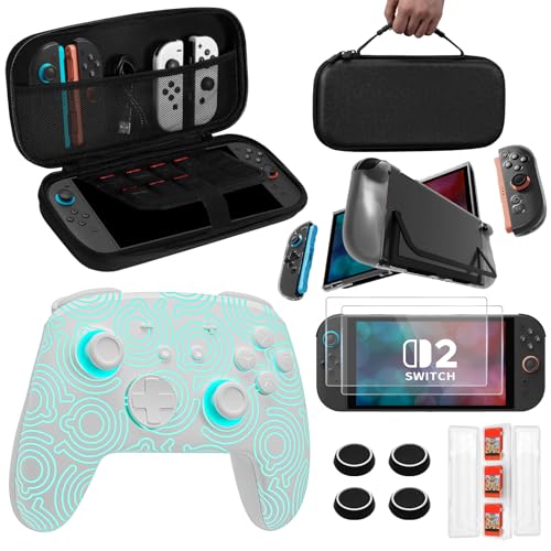 FUNLAB Pro Controller Accessories for Switch 2, Wireless Controller Supports One-Key Wake-Up, Carrying Case, Screen Protectors, Dockable Console Protective Cover Shell, Thumb Grips for Joysticks
