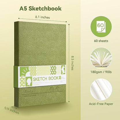 Arrtx Hardcover Sketch Book, 60 Sheets, 8.5 x 6.1 Inches - size: A5