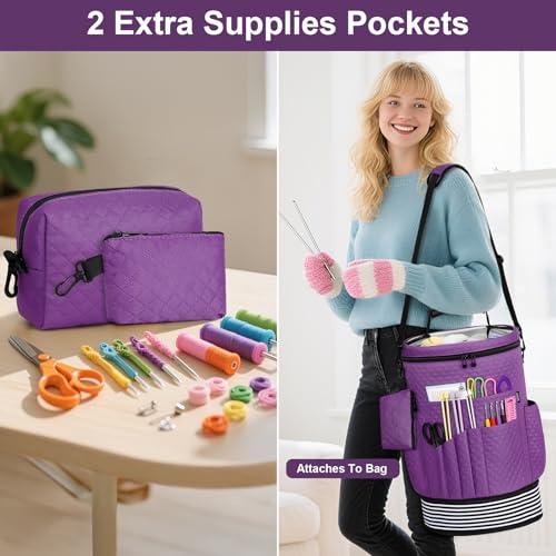 Crochet Yarn Knitting Bag 3PCS Expandable Large Yarn Storage Organizer Bag - color: Purple