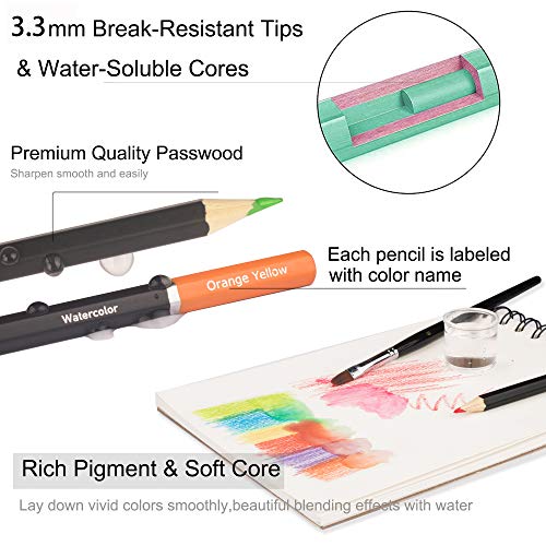KALOUR 72 Watercolor Pencils Set, Water Soluble with 2 Brushes