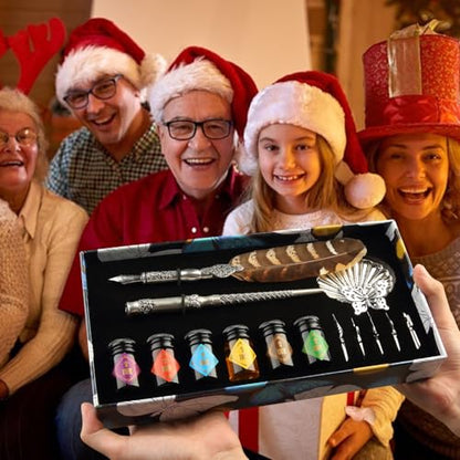 mancola Quill Pen and Ink Set,Feather Dip pen with 6 bottles of ink,Antique Calligraphy Pen,Metallic Dip Pen,6 Replaceable Nibs-Basic Calligraphy Kit-for Beginners and Calligraphy Lovers MA-L26