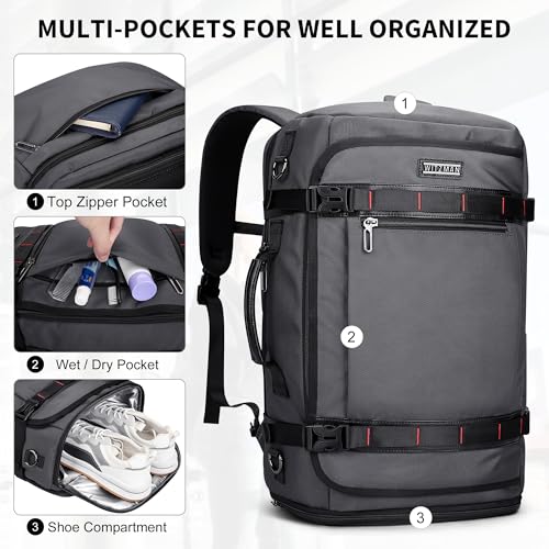 WITZMAN Travel Backpack for Men 35L TSA Friendly Flight Approved - color: Silvery Grey