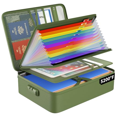 ENGPOW Fireproof File Organizer Bag with 13 Pockets Accordion File Folder - color: Green, size: 15.1" x 11.2" x 4.3",Colorful