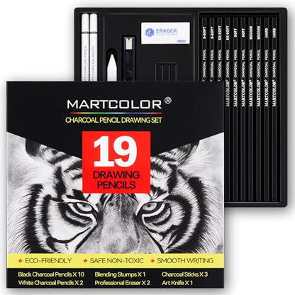 MARTCOLOR Charcoal Drawing Set, 19 Pieces, Black & White Charcoal Pencils - color: Black & White-19 Pack
