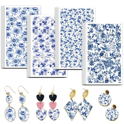 OLYCRAFT 24Pcs 4 Styles Blue Flower Clay Transfer Paper for Polymer - style: Porcelain Flower