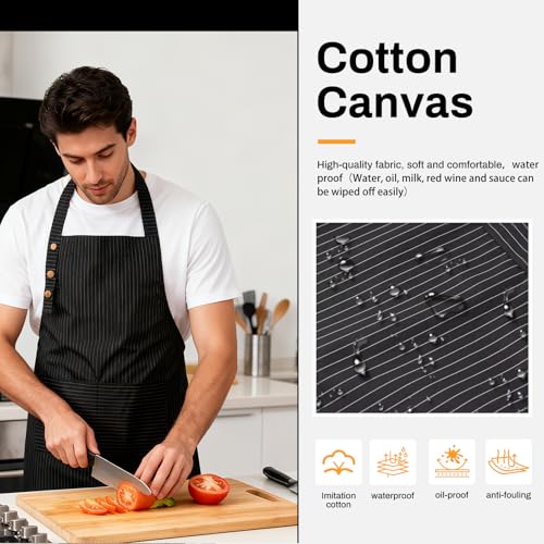 Adjustable Bib Apron Waterdrop Resistant with 2 Pockets Cooking Kitchen Aprons for Women Men Chef - color: Black