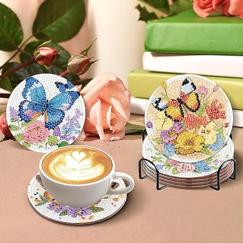 cupmod 8PCS Butterfly Diamond Art Coaster Kits for Adults,Diamond Painting Coasters with Holder, Crafts Kits for DIY Coasters Diamond Art Kits for Adults - color: Jxbd53