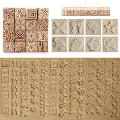 OwnMy Set of 16 Clay Modeling Pattern Stamp Kit Wooden Clay Pottery Stamps