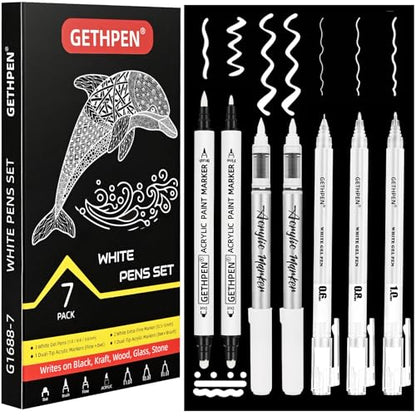 GETHPEN White Pens Set, White Gel Pens, Dual-Tip Acrylic Paint Pen, 7 Pack - color: White
