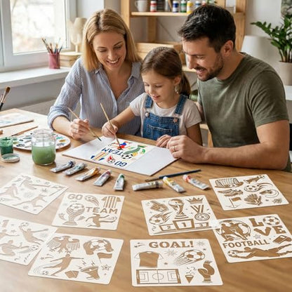 DPKOW 16Pcs Soccer Stencils for Painting Crafts, Reusable Sports Stencils Templates World Soccer Crafts Supplies Football Action Trophy Templates, DIY Scrapbooking on Wood/Floor/Canvas/Wall/Face/Paper