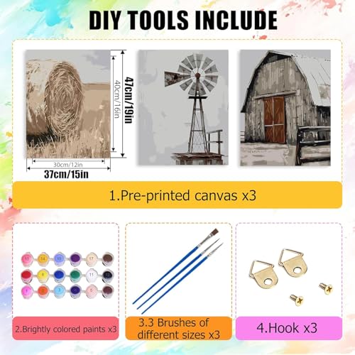 3 Pack Rustic Windmill Barn Paint by Numbers Kit for Adults Beginner - color: YH03522
