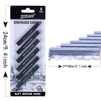 Compressed Charcoal Rod 6PCS Soft, Medium and Hard Grade Vine Square Willow Charcoal Sticks for Drawing, Sketching, Shading, Art Supplies Sketch Kits Tools Carbon Strip