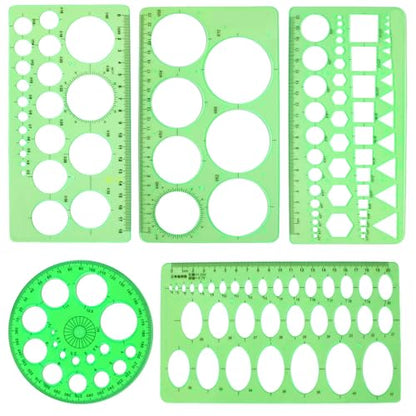 5PCS Circle Template Measuring Geometry Ruler Geometric Drawings Stencils Rulers, Plastic Circle and Oval Measuring Templates(Green)