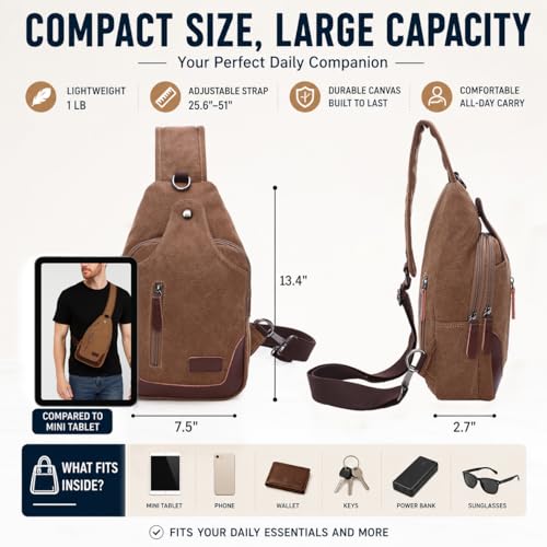 Canvas Sling Bag for Men Crossbody Chest Bag Casual Daypack Rucksack Small Crossbody Backpack with Adjustable Strap - color: Grey