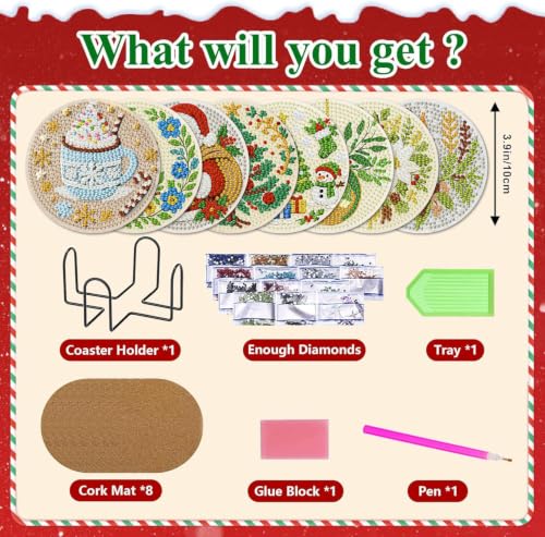 HHMATITS 8 Pcs Christmas Diamond Art Coasters Kit for Adults 4X4IN - color: Christmas