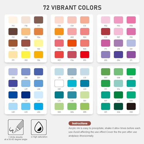 72 Colors Acrylic Gel Pens for Coloring with 30% More Ink