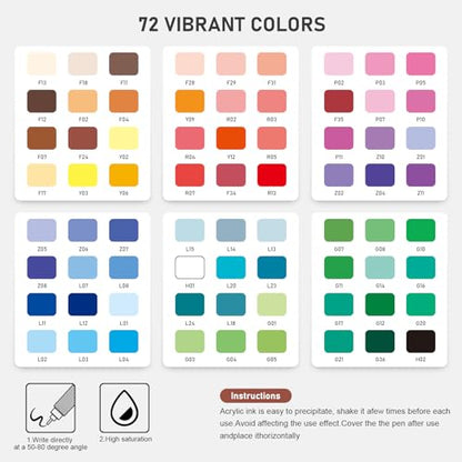 72 Colors Acrylic Gel Pens for Coloring with 30% More Ink