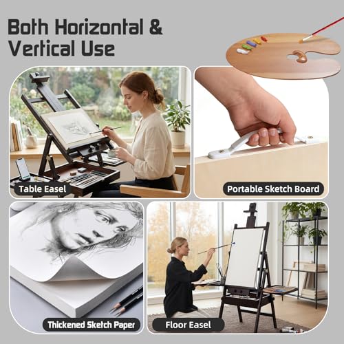 Beech Wood H-Frame Easel for Painting with Tray & Drawer, Walnut - color: Walnut