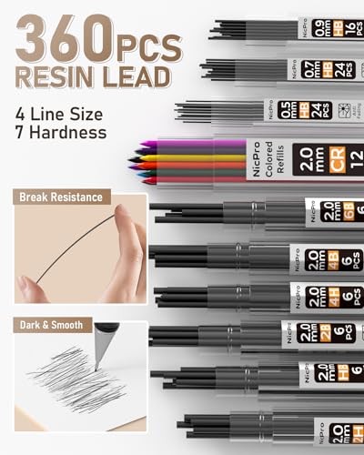 Nicpro Art Drawing Supplies Kit with Metal Drafting Pencil 0.5 & 0.7 & 0.9 & 2mm