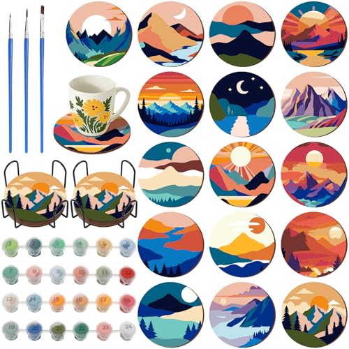 Reallnaive 8 Pcs Mountain Paint by Numbers Kit for Adults Wooden Coasters - style: Mountain