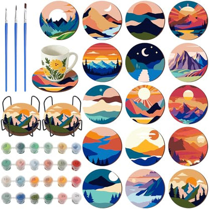 Reallnaive 8 Pcs Mountain Paint by Numbers Kit for Adults Wooden Coasters - style: Mountain