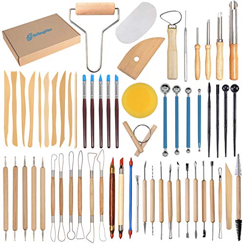EuTengHao 61Pcs Ceramic Clay Tools Kit Pottery Tools Clay Sculpting Shapers Carving Tool Set Contains Most Essential Wooden Clay Tools for Potters Beginners