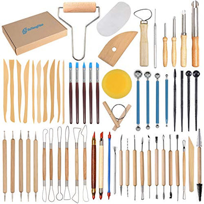 EuTengHao 61Pcs Ceramic Clay Tools Kit Pottery Tools Clay Sculpting Shapers Carving Tool Set Contains Most Essential Wooden Clay Tools for Potters Beginners
