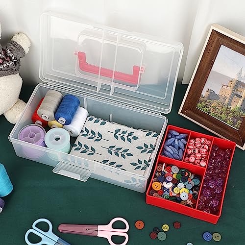 JUXYES Clear Art Craft Supply Storage Bin Sewing Box With Handle Lid - color: Red, size: 1 Pack