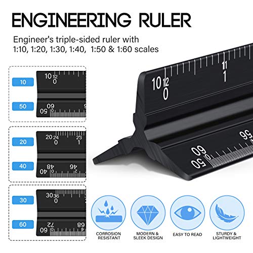 Weewooday 10 Pieces 12 Inch Architectural Scale Ruler Aluminum Triangular Engineering Ruler Scale with 6 in 1 Multitool Pen Ballpoint Pen for Architects, Draftsman, and Engineers