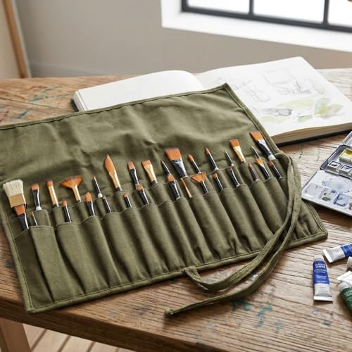 Liquidraw 30 Pocket Roll-Up Canvas Paint Brush Holder, 21 x 18in (Green) - color: Green