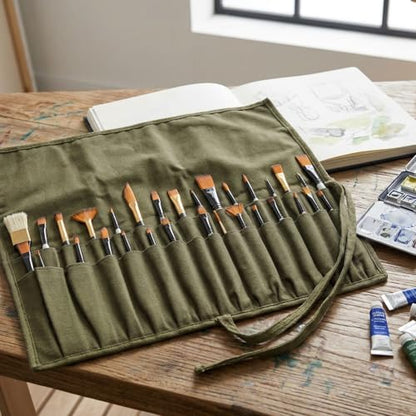 Liquidraw 30 Pocket Roll-Up Canvas Paint Brush Holder, 21 x 18in (Green) - color: Green