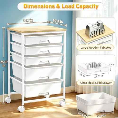 SUNALLY Rolling Carts with 5 Drawers, Storage Drawer Carts for Craft, White - color: White