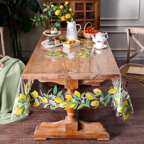 ARTABLE Clear Vinyl Tablecloth Lemon Floral Print Wipeable 60 x 84 Inch - color: Lemon, size: 84" x 60" (Rectangular)